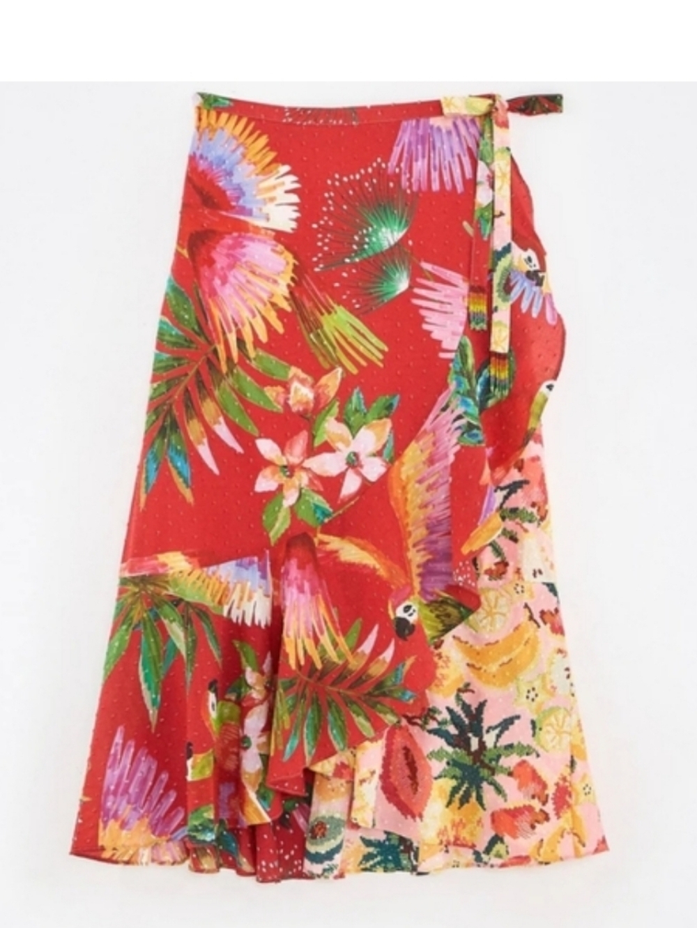 Farm Rio Anthropologie Nadya Tropical Macaw Cotton Wrap Skirt, Size S